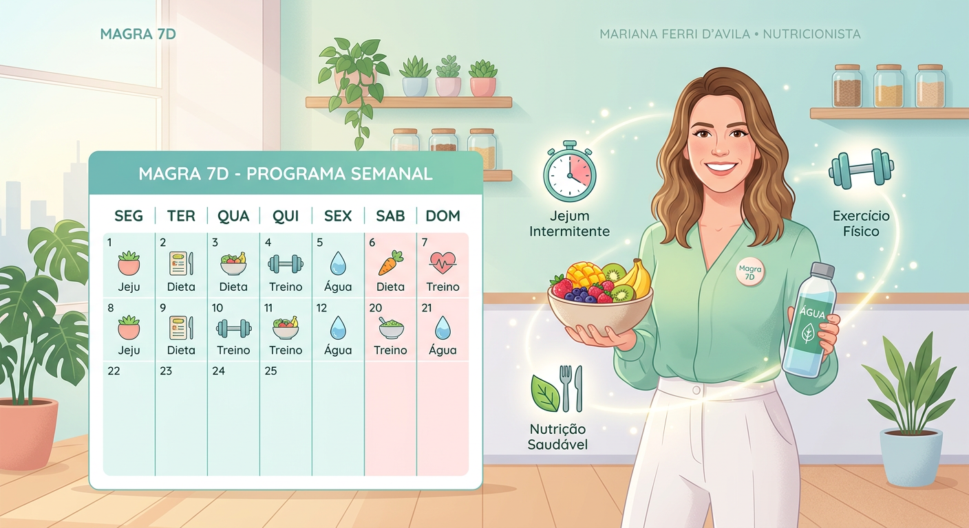 Ilustração de Mariana Ferri d'Avila apresentando o programa Magra 7D com calendário de 7 dias, alimentos saudáveis e símbolos de exercício.