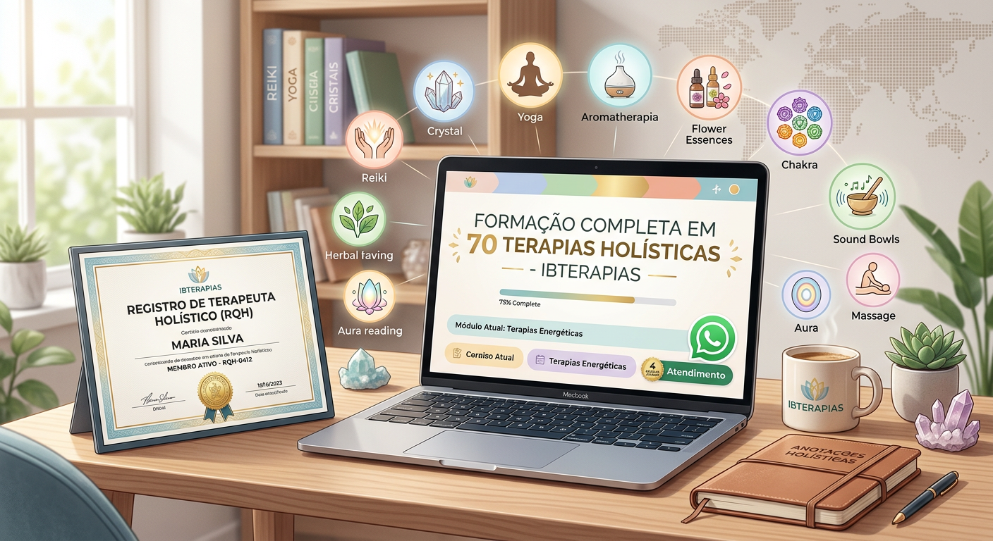 Ilustração de estudo online com laptop mostrando a formação de 70 terapias holísticas Ibterapias, rodeada por ícones de Reiki, yoga, aromaterapia e outros, com certificado RQH ao lado.