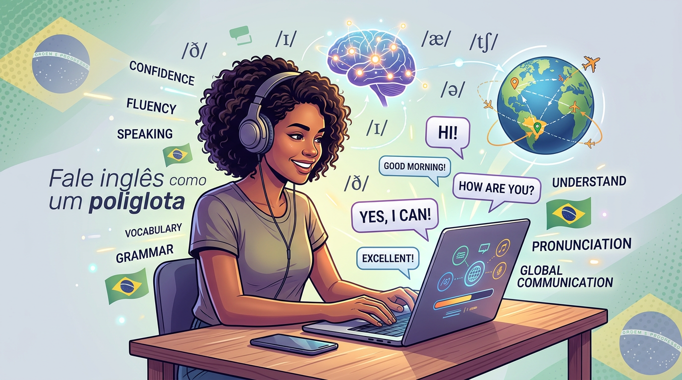 Ilustração do curso Fórmula da Fluência de Caio R, mostrando estudante brasileiro aprendendo inglês com laptop, fones e símbolos de linguagem.