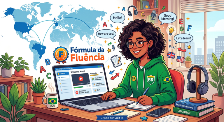 Ilustração de estudante brasileiro estudando o curso online "Fórmula da Fluência" de Caio R., com laptop, ícones de aprendizado de inglês e bandeira do Brasil ao fundo.