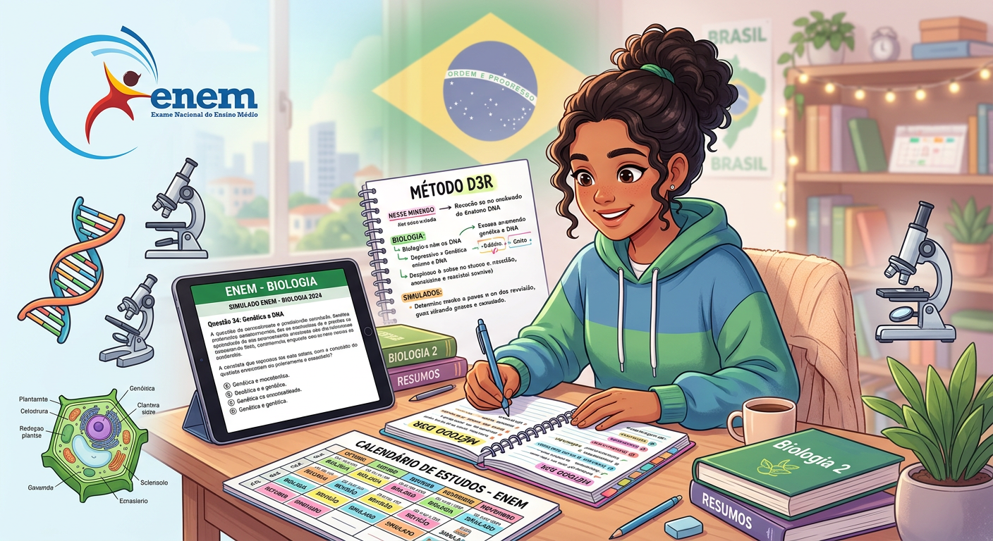 Ilustração de estudante usando o método D3R do BIOATP para estudar biologia para o ENEM, com diário de estudos, simulados e ícones de biologia.