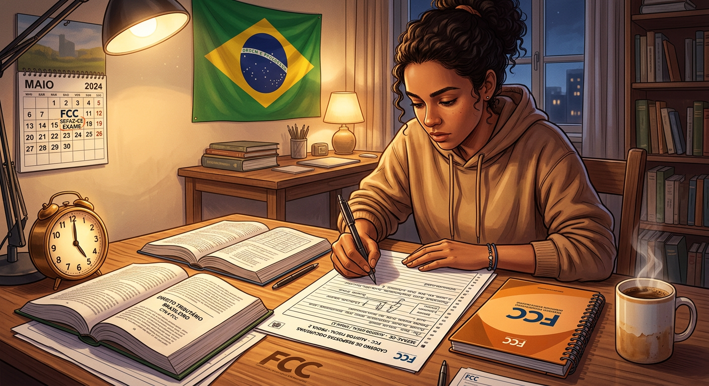 Estudante escrevendo resposta discursiva para o concurso SEFAZ‑CE, com materiais da FCC e relógio marcando 5 AM.