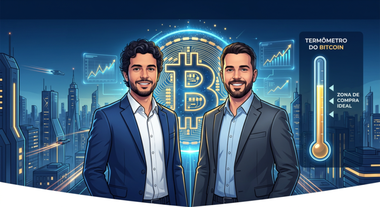 Renato Amoedo e Alan Schramm apresentando o treinamento Bitcoin Black Pill ao lado de um logo Bitcoin brilhante e um termômetro de compra.