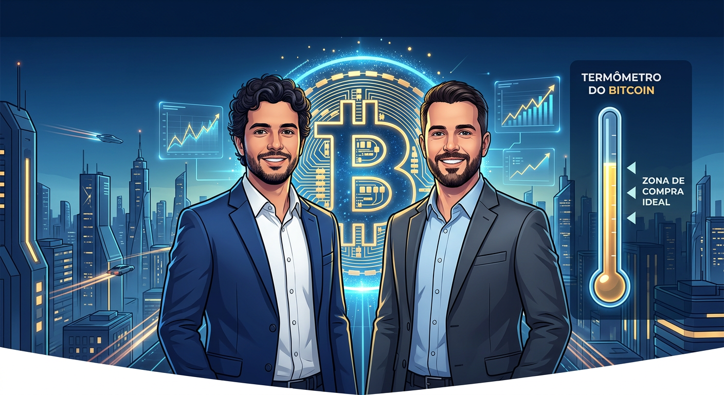 Renato Amoedo e Alan Schramm apresentando o treinamento Bitcoin Black Pill ao lado de um logo Bitcoin brilhante e um termômetro de compra.