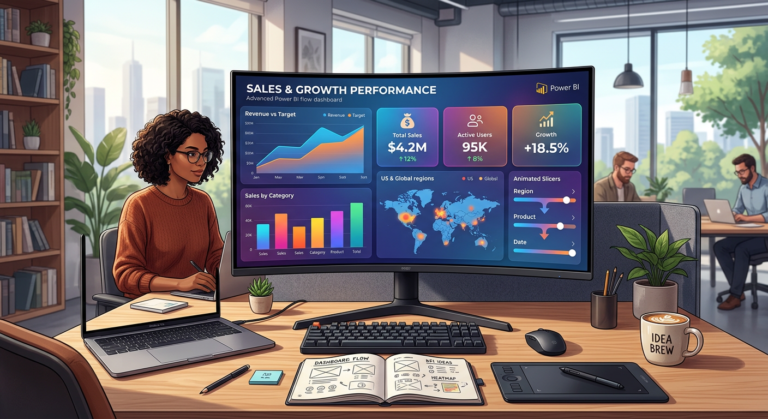 Power BI dashboard on a monitor featuring colorful charts, KPI cards, and creative visual design in a modern office setting.