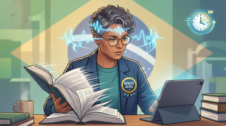 Ilustração de estudante aplicando a técnica Metaleitura, lendo rapidamente um livro técnico e um tablet, com destaque para ondas cerebrais e visão periférica.