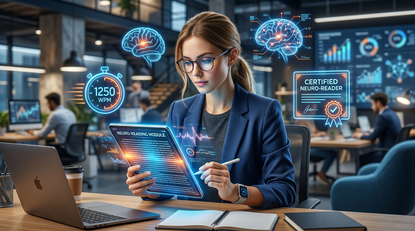 Imagem promocional do Curso Leitura Dinâmica – Metaleitura (LDE) mostrando uma pessoa lendo um tablet com efeitos de ondas cerebrais e ícones de velocidade e certificação.