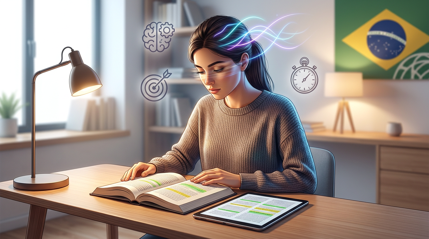 Pessoa estudando com leitura dinâmica, livros e tablet ao lado, símbolos de memória, foco e tempo ao redor, representando o método Metaleitura (LDE).