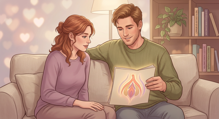 Ilustração educativa de um homem confiante mostrando um diagrama da anatomia feminina para uma mulher relaxada, simbolizando aprendizado de técnicas de sexo oral.