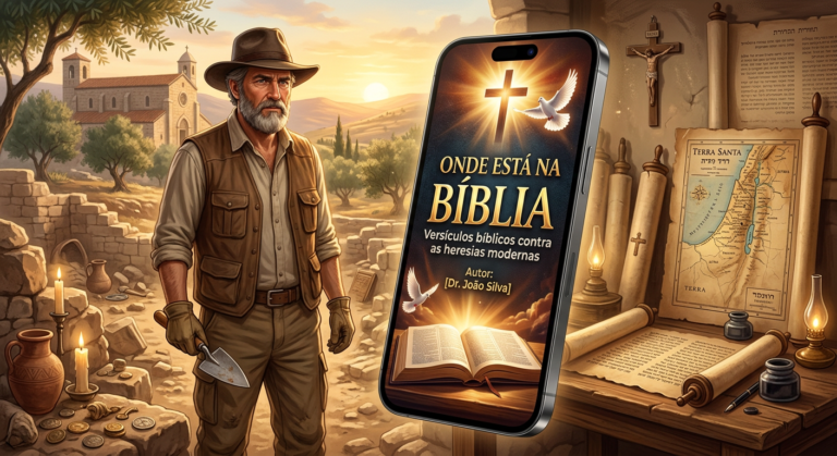 Capa do ebook "Onde está na Bíblia - Versículos bíblicos contra as heresias modernas" exibida em um smartphone, com fundo de pergaminhos e mapa da Terra Santa.