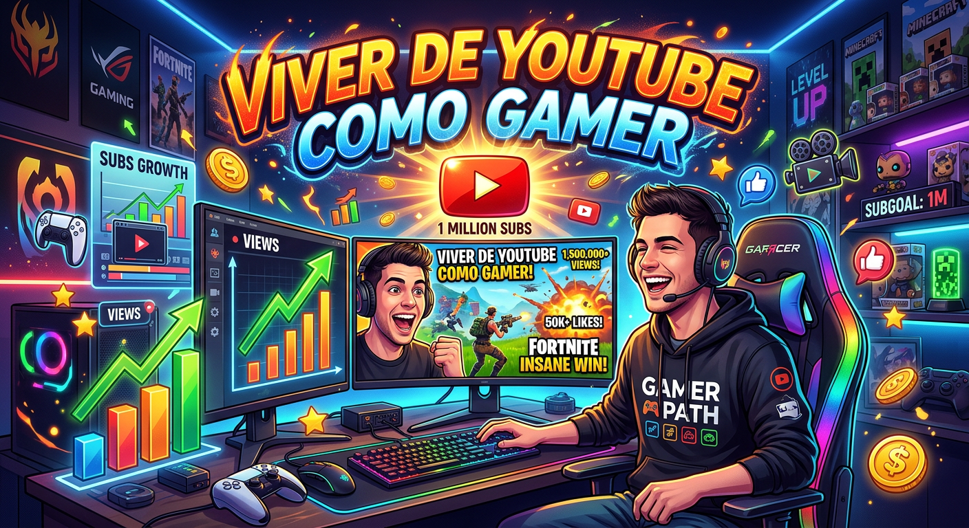 Gamer streamer criando vídeos virais no YouTube, com ícones de crescimento e edição de vídeo.