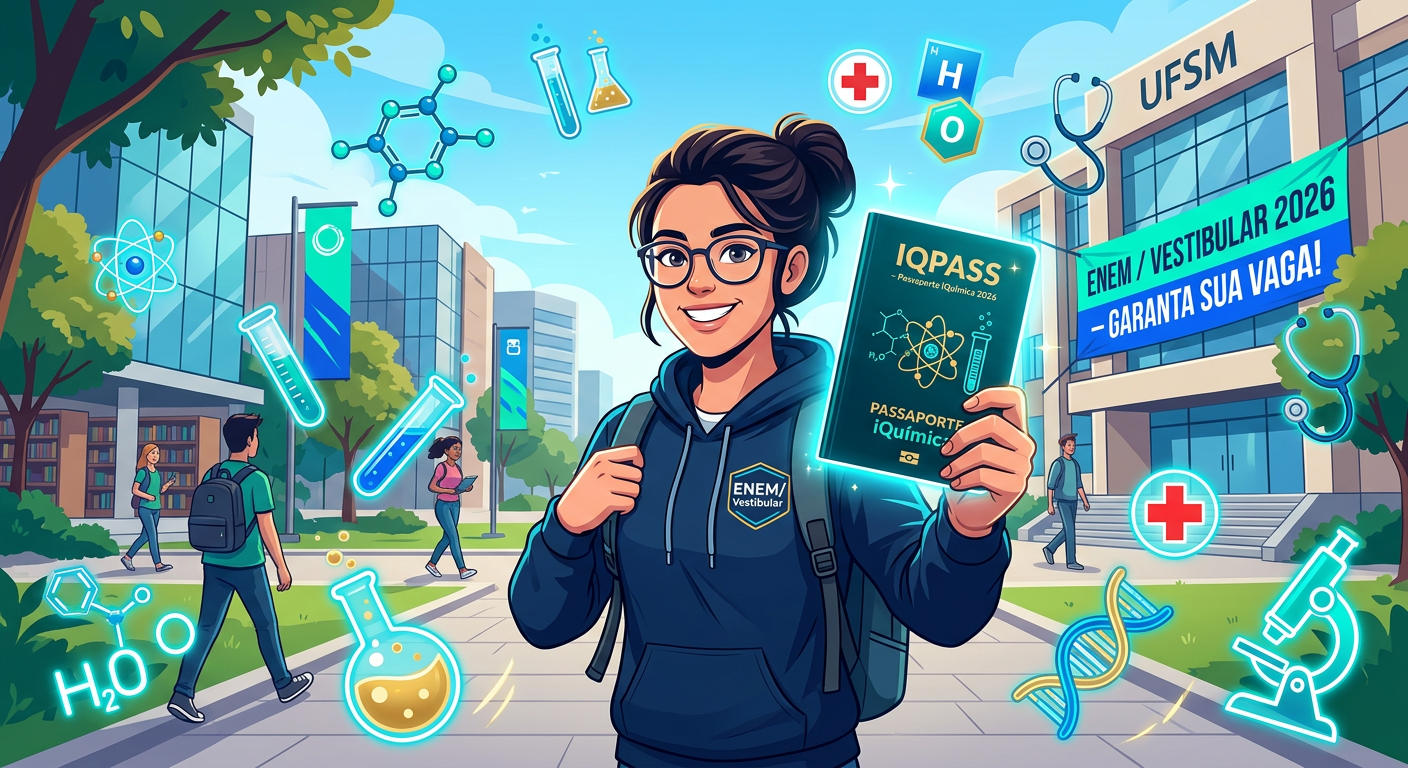 Ilustração do IQPASS – Passaporte iQuímica 2026, com estudante e símbolos de química e medicina