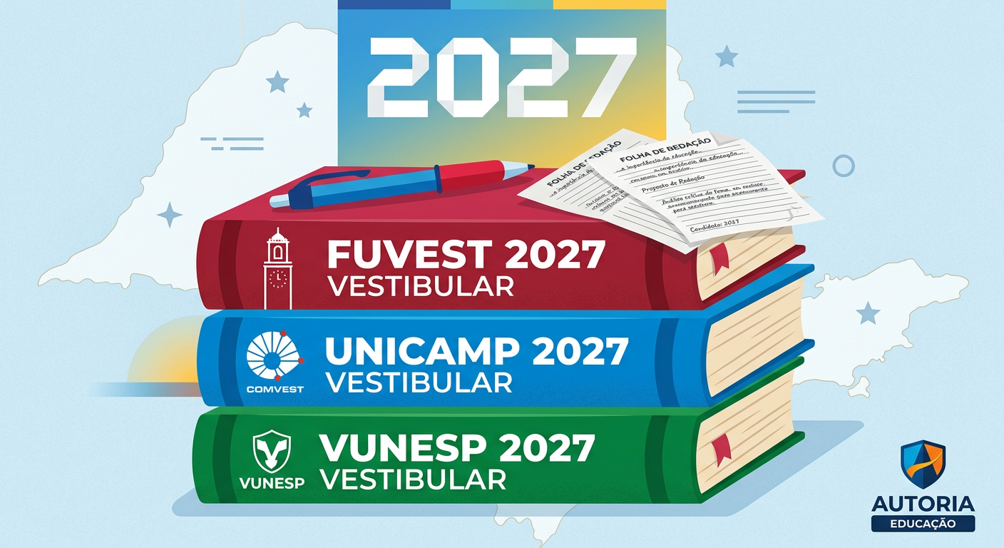 Imagem promocional do curso Tríade Paulista – Fuvest, Unicamp e Vunesp 2027, mostrando livros das três bancas, caneta e folhas de redação.