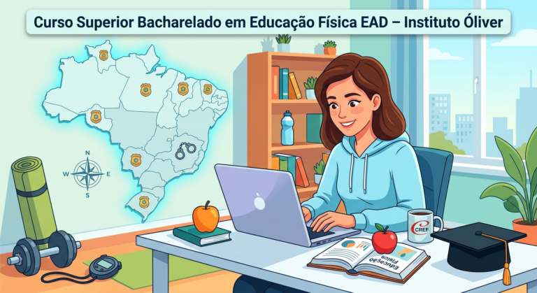 Estudante fazendo curso superior de Educação Física EAD, com laptop, equipamentos de academia e símbolos acadêmicos.