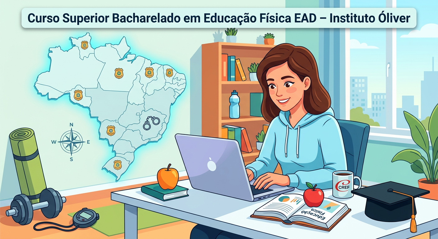 Estudante fazendo curso superior de Educação Física EAD, com laptop, equipamentos de academia e símbolos acadêmicos.