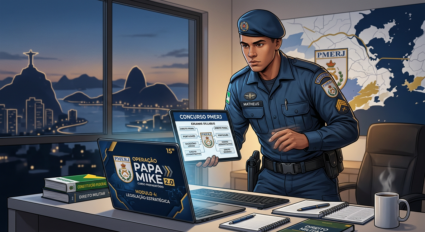 Ilustração de um soldado da PMERJ estudando com o curso Operação Papa Mike 2.0, rodeado por materiais digitais e símbolos da polícia militar do Rio de Janeiro.