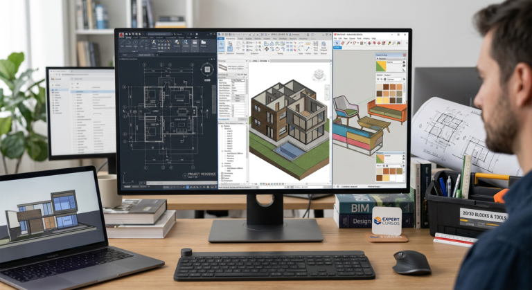 Tela de computador dividida mostrando AutoCAD, Revit e SketchUp em uso, representando o curso Formação Projetista da Expert Cursos.