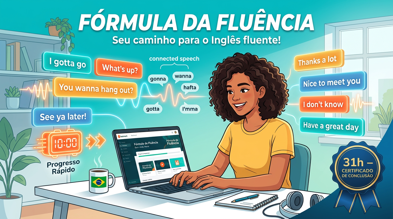 Ilustração de estudante brasileiro estudando inglês com blocos de frases flutuantes, laptop mostrando Hotmart e certificado de conclusão do curso Fórmula da Fluência.