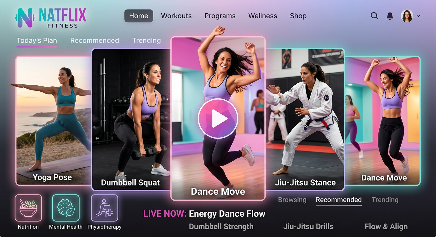 Mulher praticando yoga, musculação, jiu‑jitsu e dança dentro da plataforma digital Natflix Fitness, representando o método all‑in‑one.