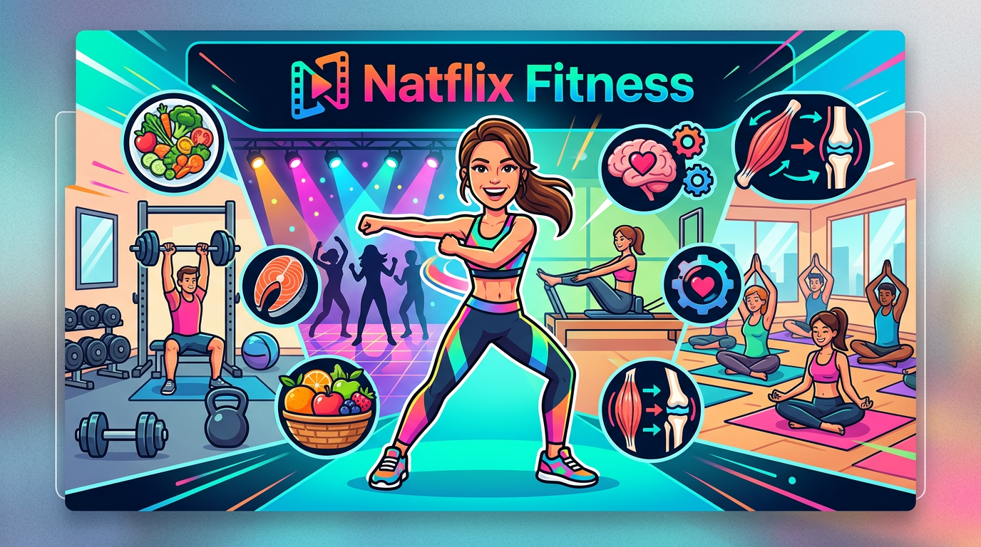 Natasha Villaschi leading a diverse, fun workout surrounded by icons of yoga, dance, nutrition, psychology and physiotherapy.