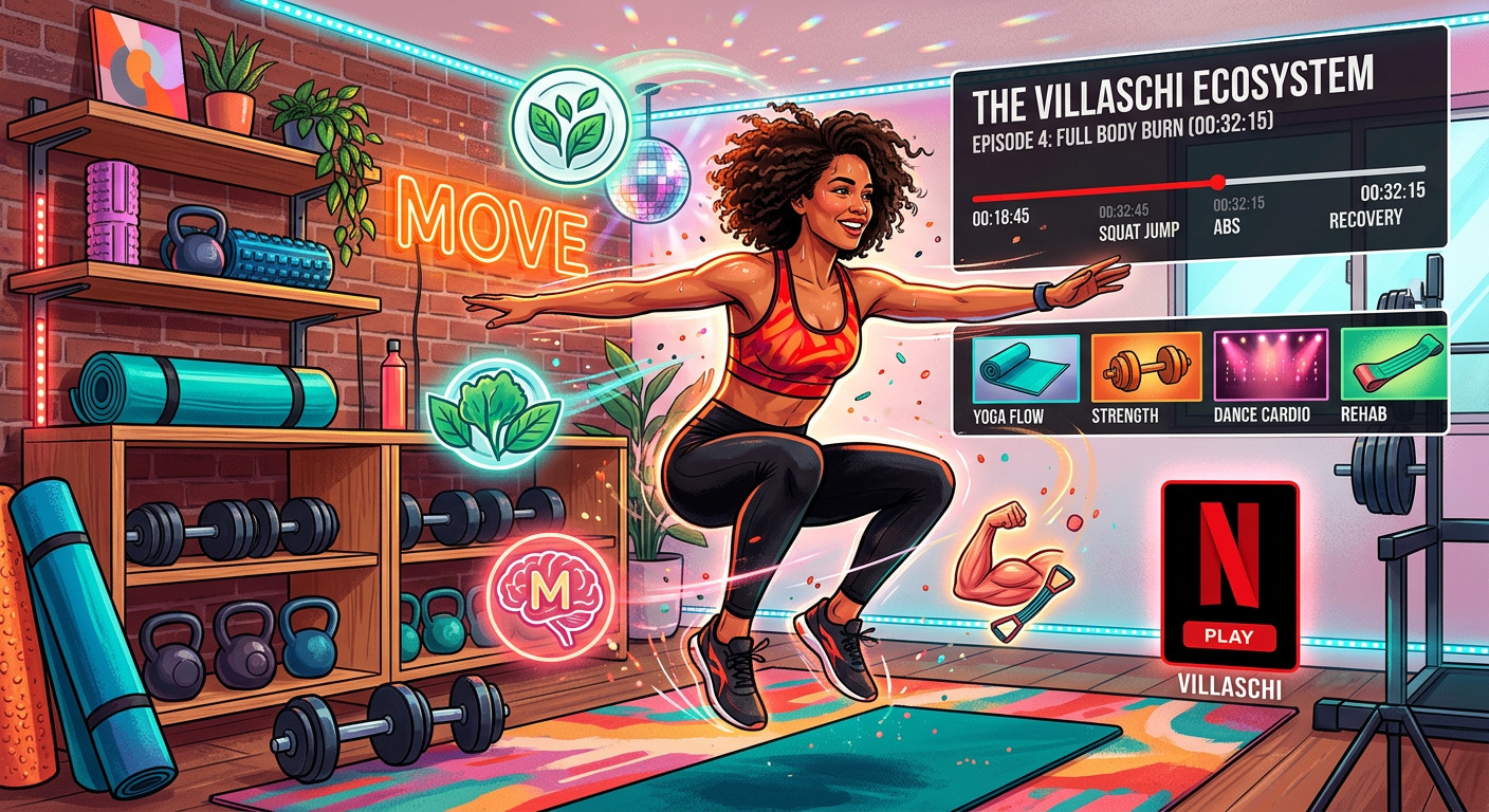 Natasha Villaschi leading a dynamic home‑gym workout surrounded by icons for nutrition, psychology, physiotherapy and streaming, illustrating the Natflix Fitness program.