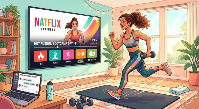 Jovem mulher treinando em casa seguindo o programa Natflix Fitness, com TV mostrando logo e ícones de exercícios variados.