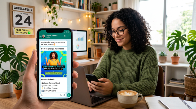 Tela de WhatsApp mostrando entrega diária de post completo (imagem, legenda e hashtags) do ZapPost, com um empreendedor ao fundo relaxado.