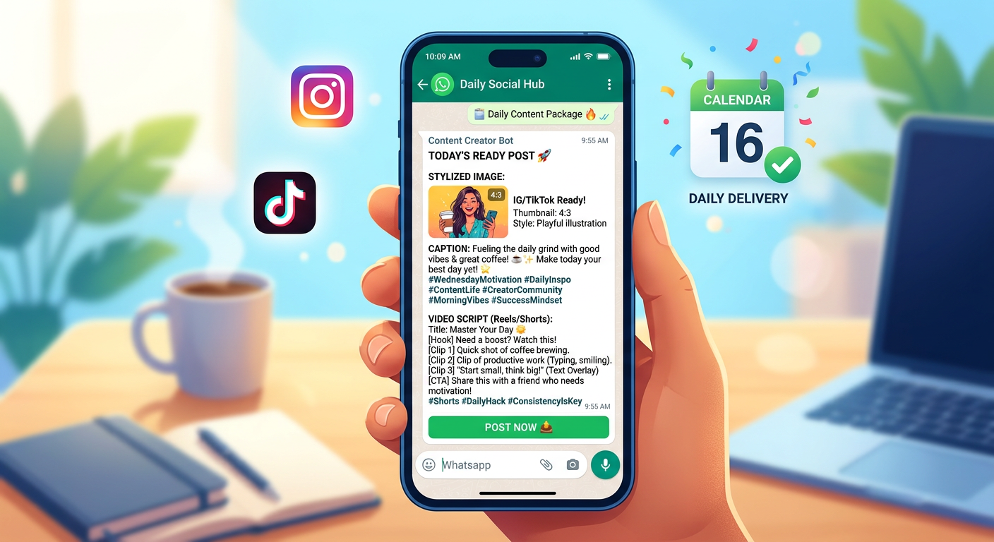 Ilustração de um smartphone recebendo no WhatsApp posts prontos para Instagram e TikTok, com imagem, legenda, hashtags e roteiro de vídeo.