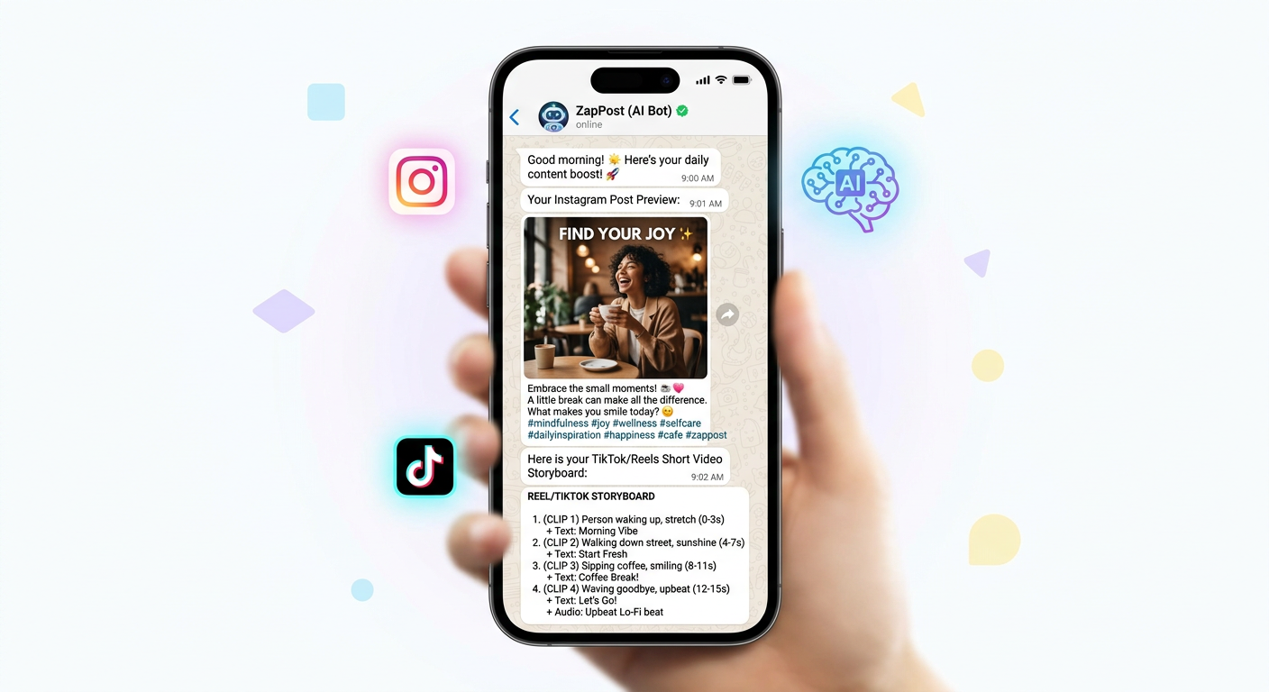 Tela de WhatsApp mostrando o ZapPost enviando um pacote diário de conteúdo para redes sociais, incluindo imagem, legenda, hashtags e roteiro de vídeo.