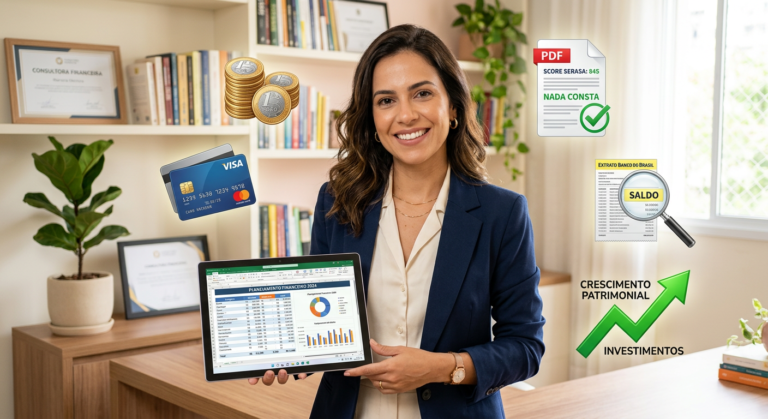 Nádia C. B. Vieira Pace apresentando o curso Viva Sempre com Dinheiro, rodeada por ícones financeiros que simbolizam limpeza de dívidas e organização de dinheiro.