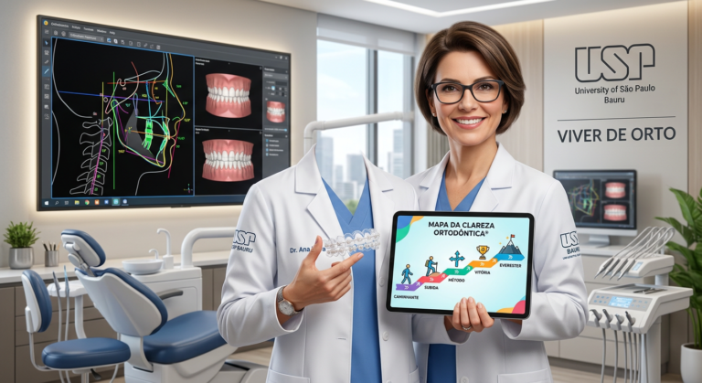 Dentista confiante apresentando o método "Mapa da Clareza Ortodôntica" do curso Viver de Orto em um consultório moderno.