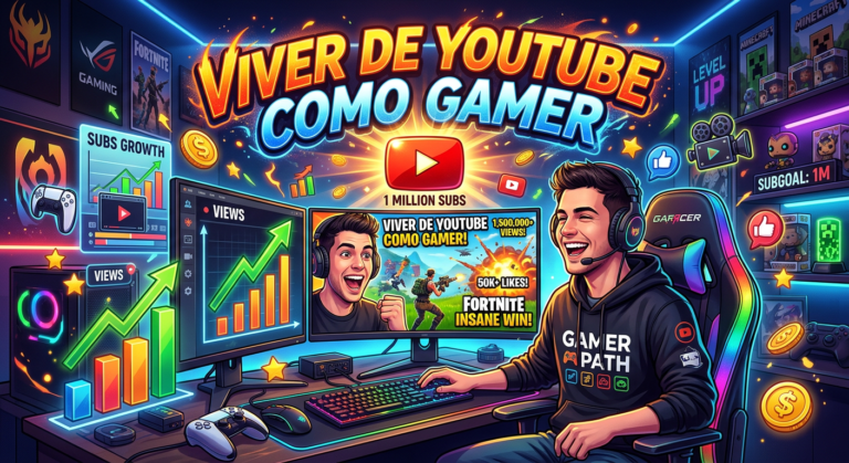 Gamer streamer criando vídeos virais no YouTube, com ícones de crescimento e edição de vídeo.